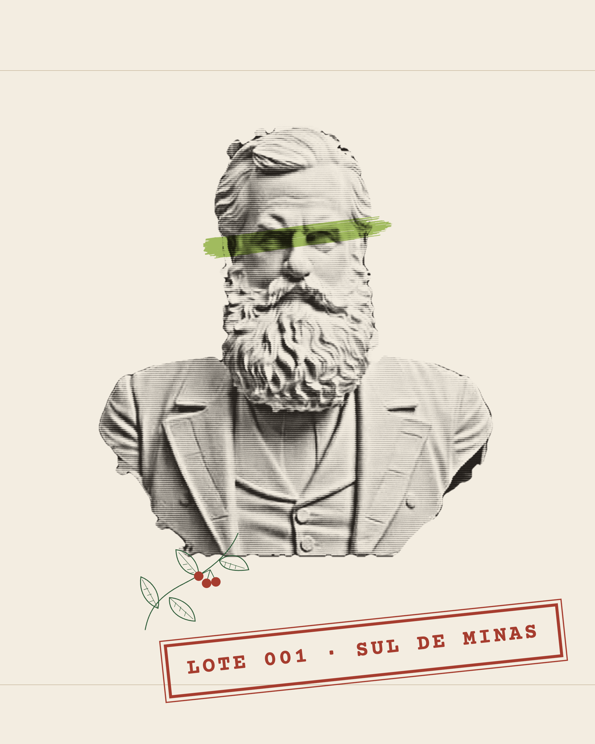 Busto em gravura riscado por uma faixa verde de marca-texto, com um ramo de frutos vermelhos e o carimbo “Lote 001 · Sul de Minas”